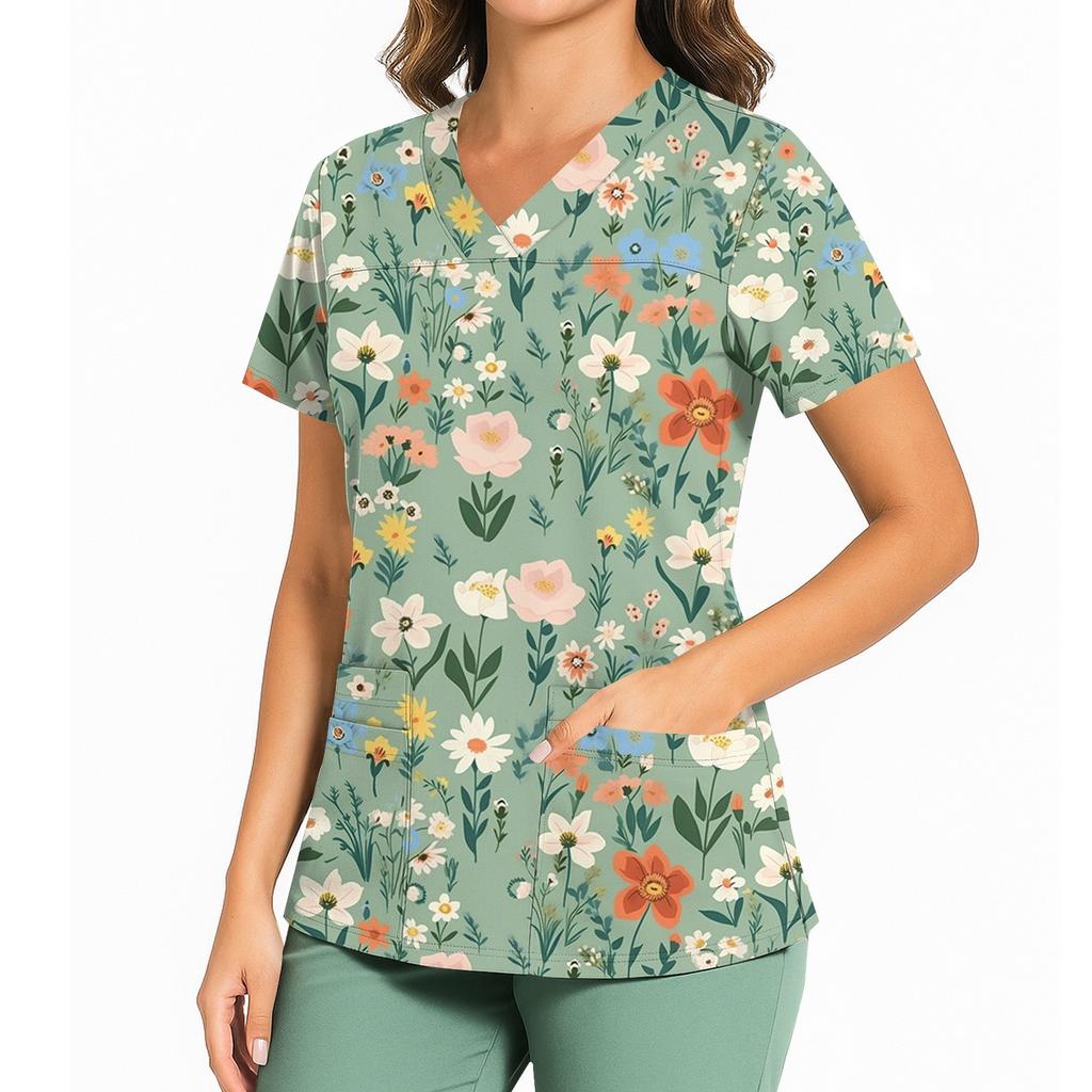 Women's Casual Printed V-Neck Pocket Side Slit Short Sleeved Top Short Sleeved Top