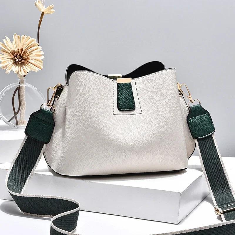 Summer ladies simple casual bucket bag new fashion single shoulder wide strap crossbody large capacity