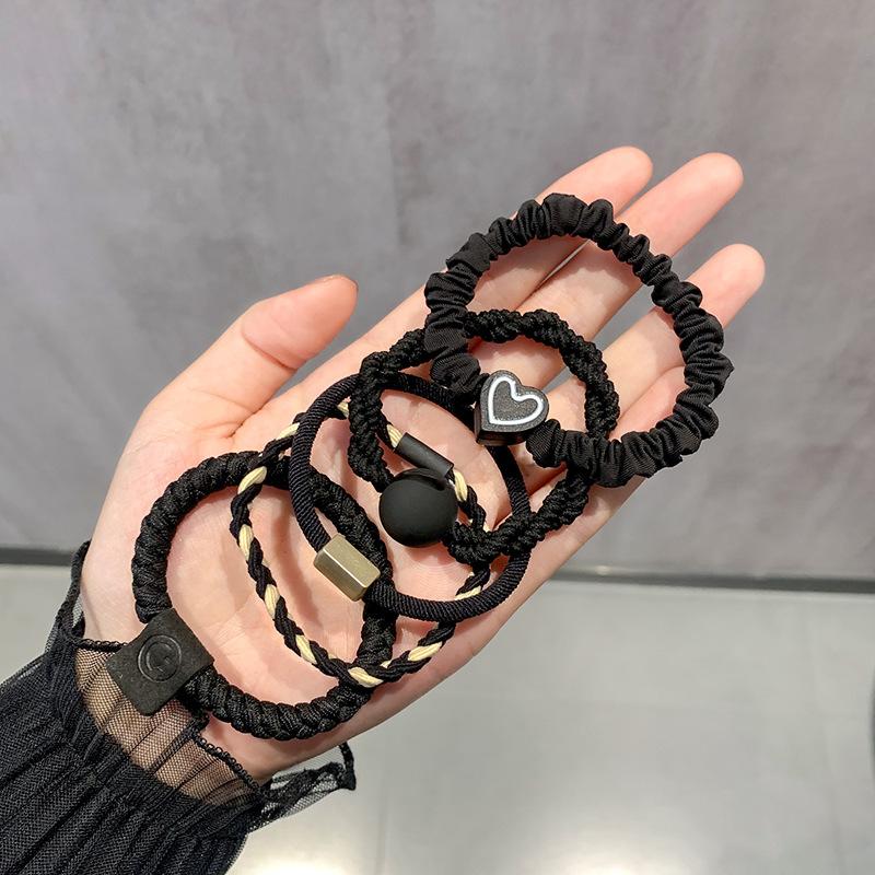 5/10pcs/Set Simple Heart Ball Charms Scrunchie No Damage Elastic Braided Hair Ties Ropes Women Girls Ponytail Holder Rubber Band