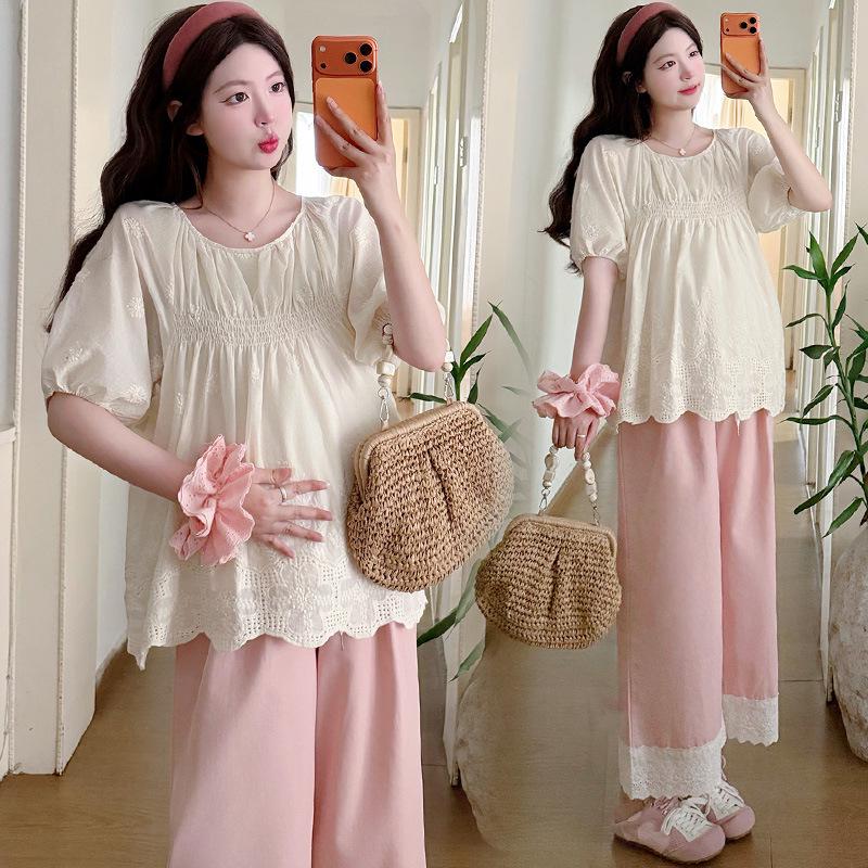 2026 Summer Korean Loose-Fit Lace Doll Shirt & Wide-Leg Maternity Pants Set L