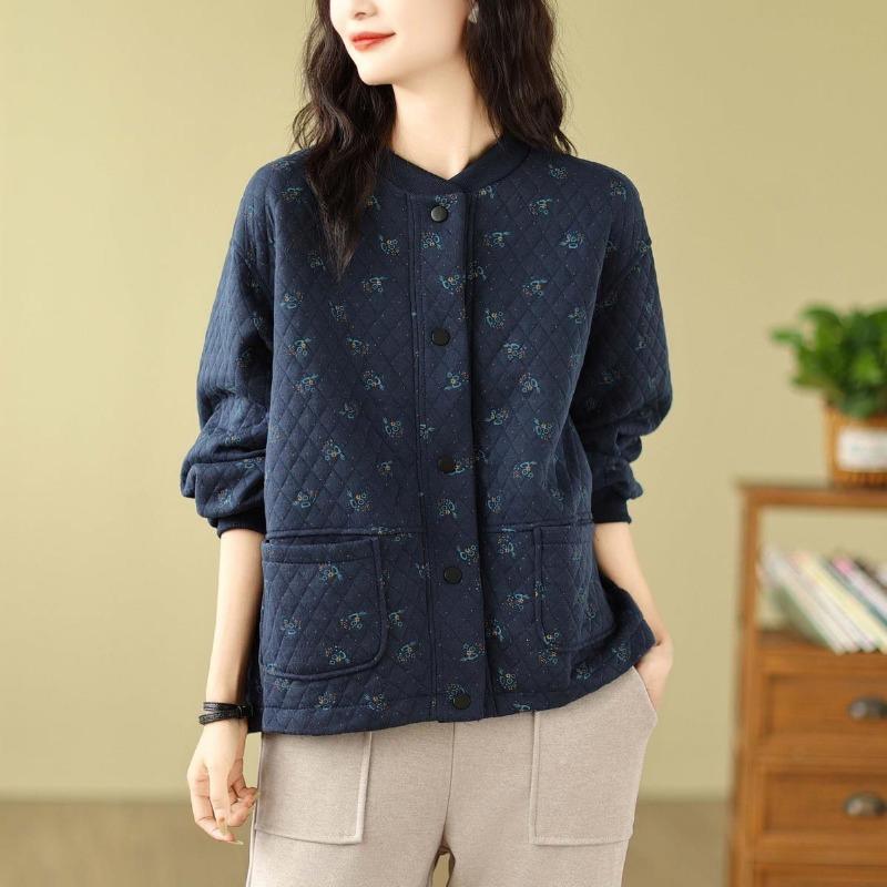 Round Neck Button-down Long-sleeved Cardigan Jacket with Printed Contrasting Colors Fashionable Casual Loose Top for Women