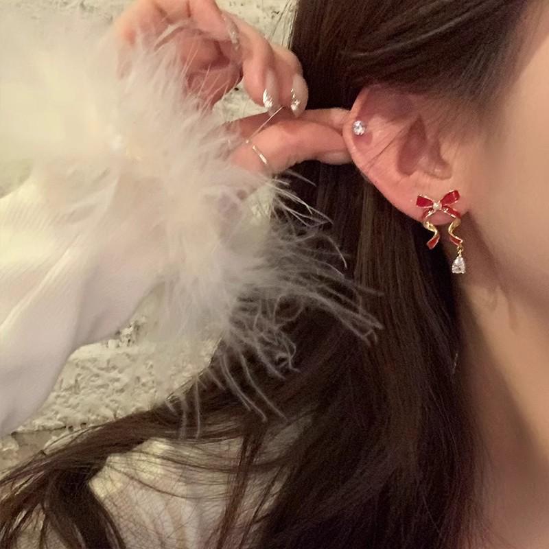 Elegant Red Bow Zircon Earrings for Women