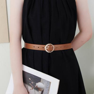 Imitation Leather Women Belt Faux Pearls Pin Buckle Adjustable Holes Design Waistband Versatile Fashion