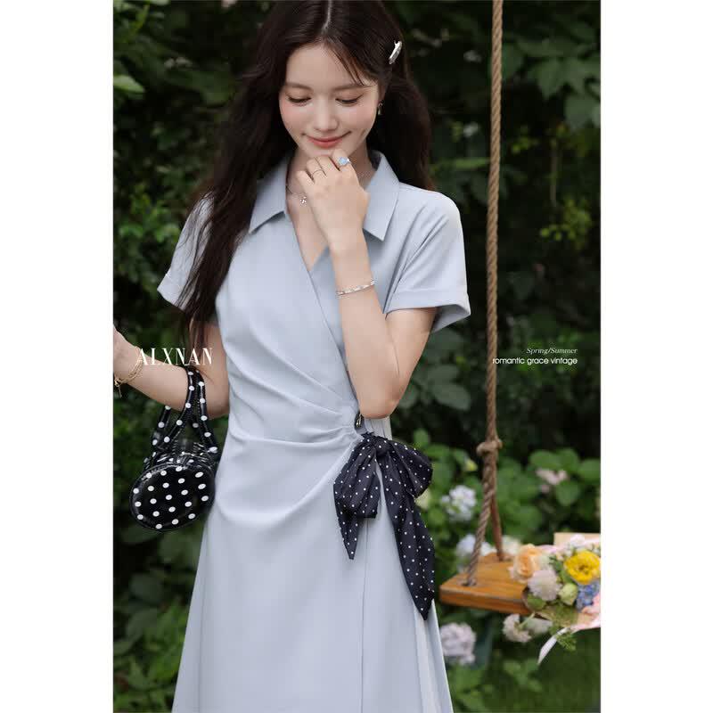 Women's French Style Blue Waist-Cinching Long Shirt Dress