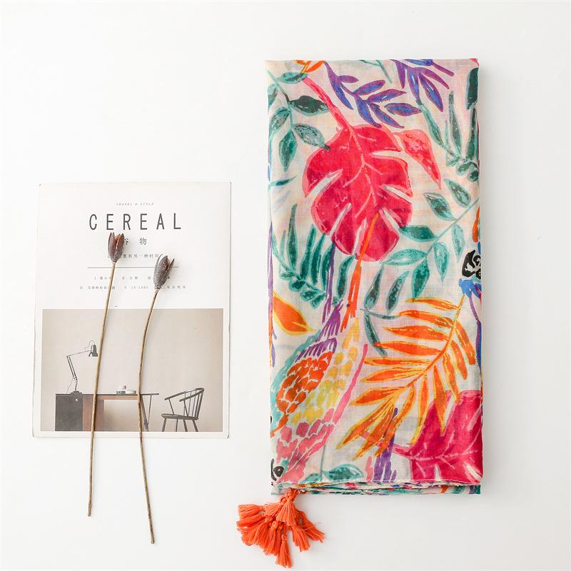 Xale feminino moderno e moderno com textura de algodão e cânhamo, fio bali fino, primavera/verão, folhas coloridas de papagaio, estilo moderno