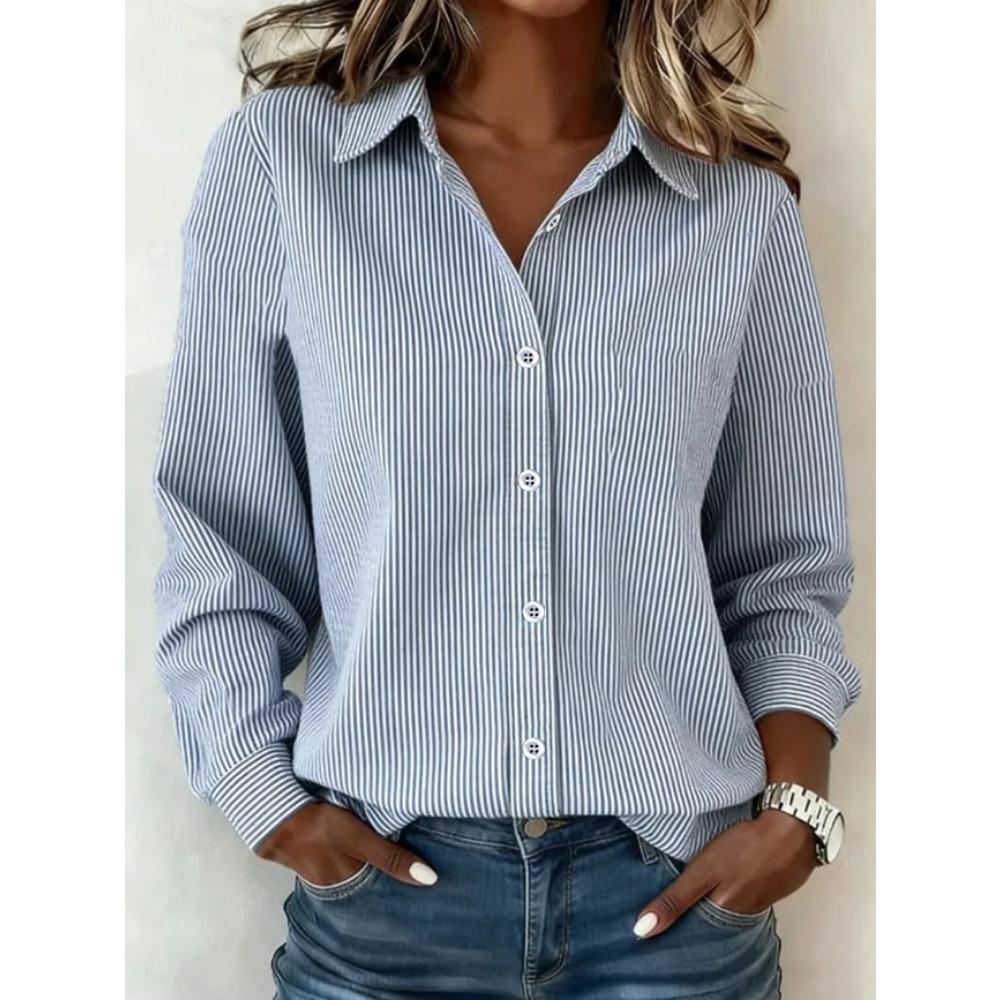 Striped Print Women Blouse Spring Autumn Femme Office Lady Button Up Turn Down Collar Shirts
