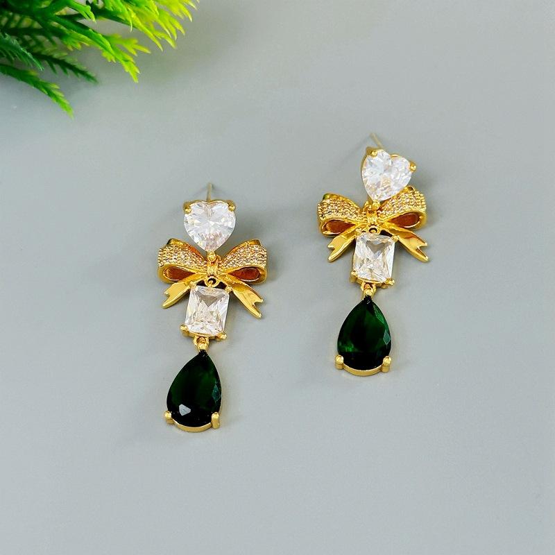 Fashion Medieval Zircon Bow Love Water Drop Stud Earrings High-End Earrings
