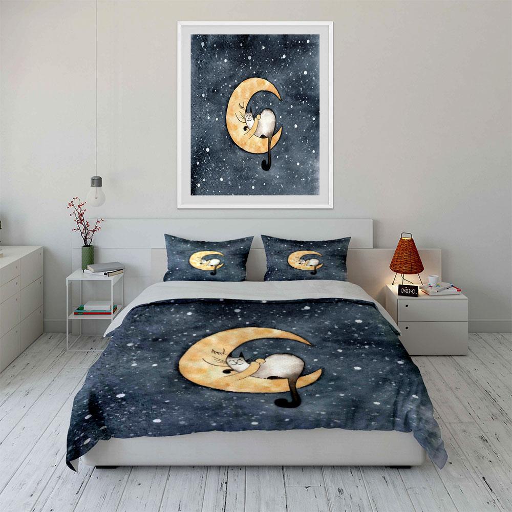Moon Cat Night Decor Set Soft Comfortable Duvet Cover Bedding Set Included 1*Duvet Cover & 2*Pillowcases, Gift