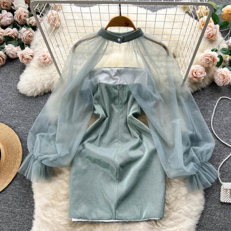 Elegant Sexy High Waist One Piece Dress Women Patchwork Mesh Lantern Long Sleeve Sexy Mini Dress Lady Vacation Slim Chic Party Ceremonial Dress 2024