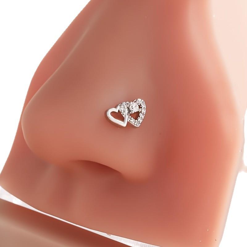 Gold L-Stab Nasenpiercing Nasenring Vollbesetzt mit Diamanten Herz zu Herz Zirkonia Nasenpiercing Schmuck Nasenring 20G
