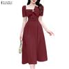 ZANZEA Elegant Women Square Collar Summer Casual Short Sleeve Dress