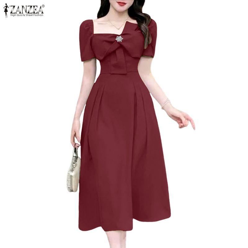 ZANZEA Elegant Women Square Collar Summer Casual Short Sleeve Dress
