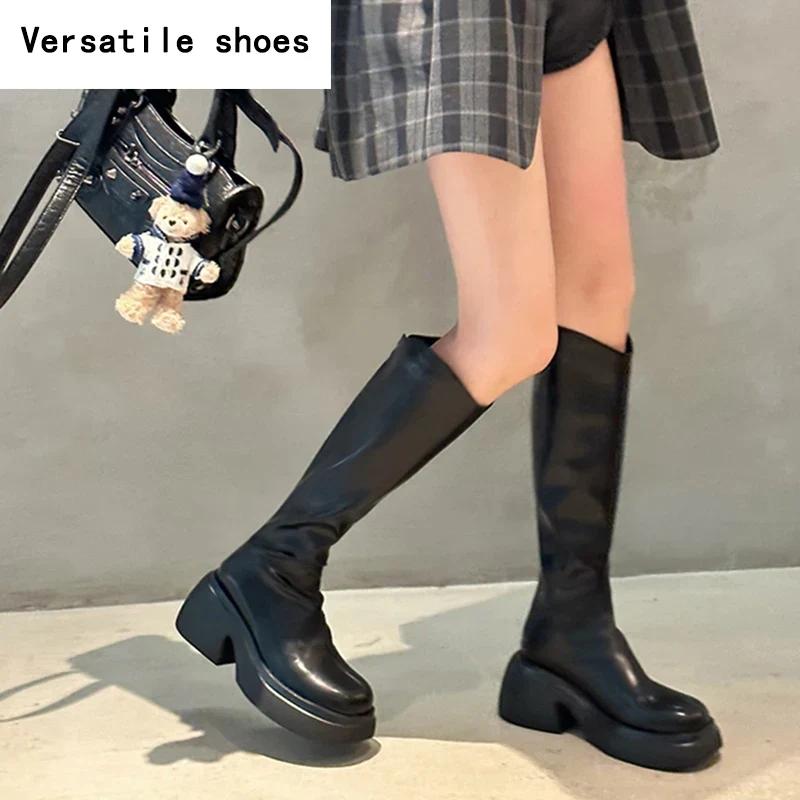 Winter Soft Leather Women Knee High Boots Fashion Knight Long Booties Designer Platform Square Heels Botas De Mujer