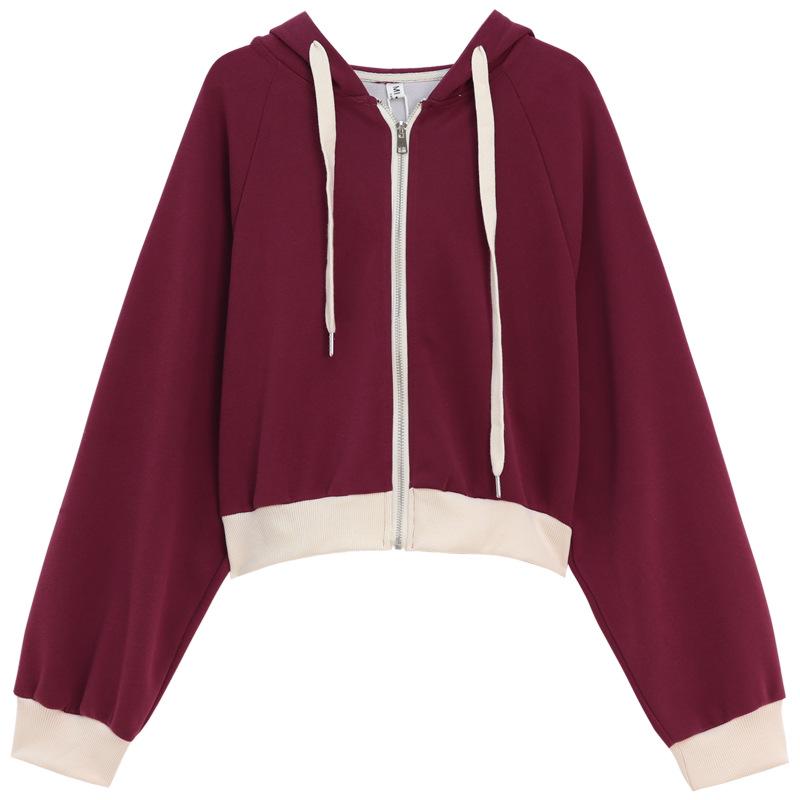 Korean Color Block Hooded Sweatshirt Jacket for Women - Autumn 2023: Short Drawstring Zipper Long Sleeve Top