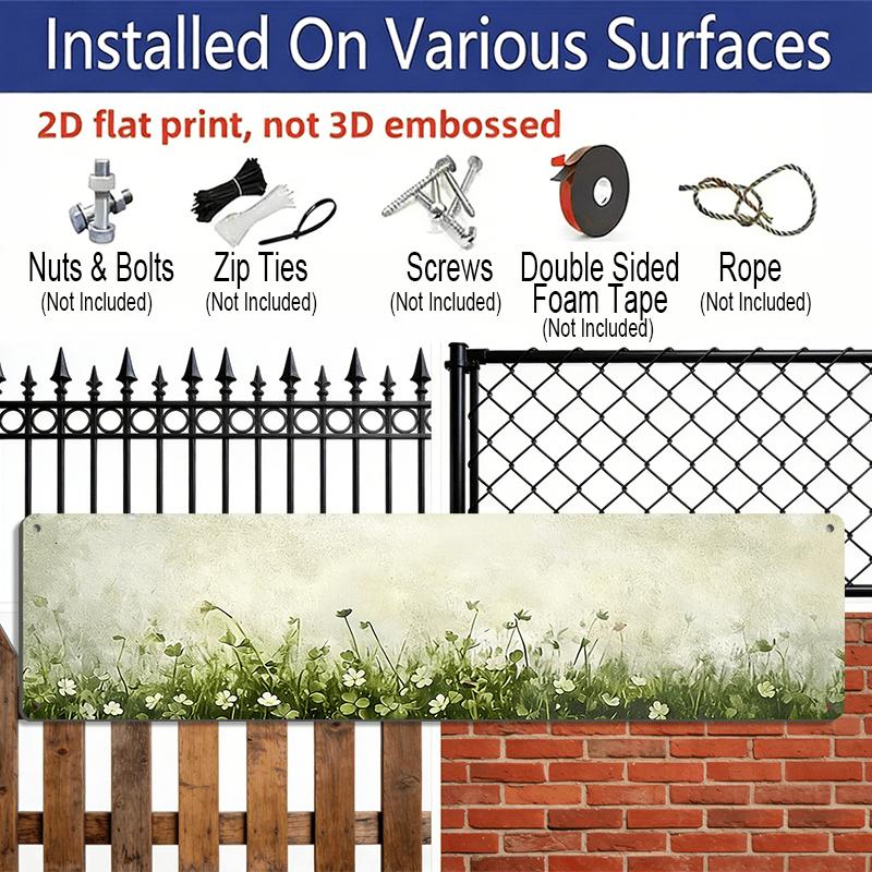 2D Flat, 1pc, Rustic, White Flowers and Green Clover Field on Textured Background, Aluminium Decorative Sign, Meadow Nature Landscape, Wall Art