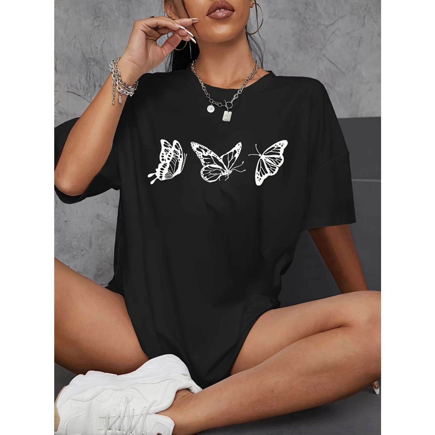 

Summer Woman Cotton T-Shirts Simple Butterfly Graphic Printing Short Sleeve Casual Soft Oversize Casual Crew Neck Loose Tops S чёрный