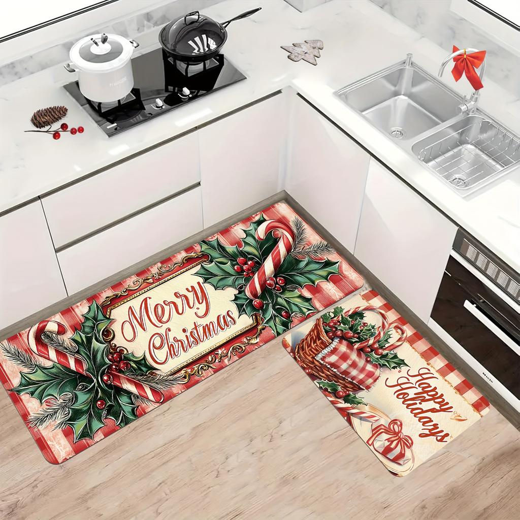 2Pcs Anti Fatigue Kitchen Rugs Festive Christmas Waterproof Non-Slip Thick Cushioned Kitchen Mat Heavy Duty Comfort Standing Mat for Kitchen