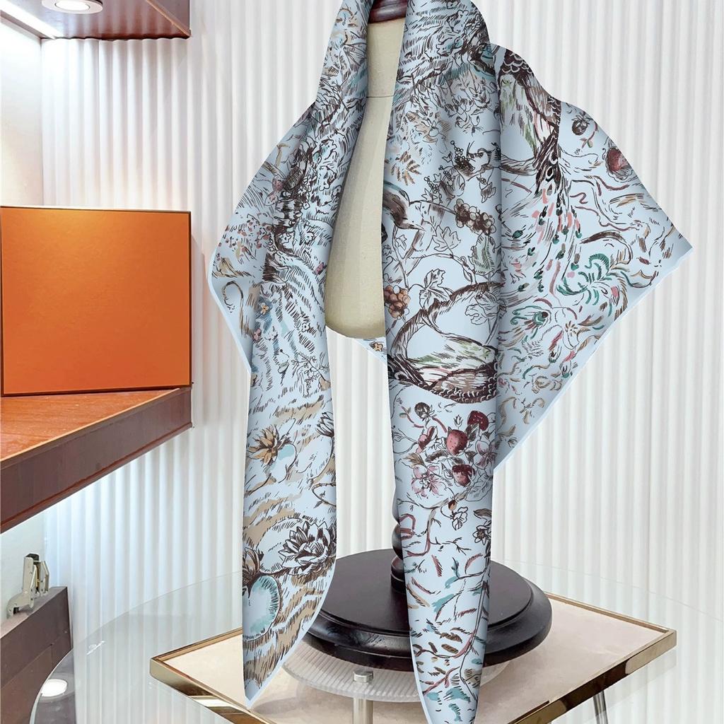 Spring and Summer 90CM Square Twill Scarf Shawl Hijabs Luxury Tree and Bird Printed Bandana Foulard Neckerchief For Ladies