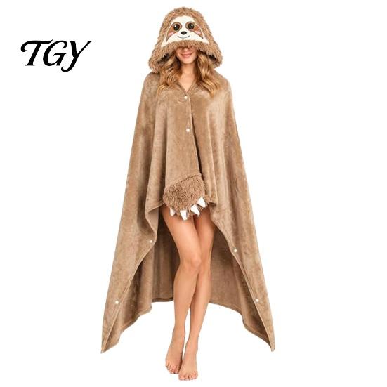 Versatile Pajama Cloak Halloween Wearable Blanket Hoodie, Cozy Hooded Highland Cow Cape, Soft Plush Sloth Black Cat for Women Home Loungewear