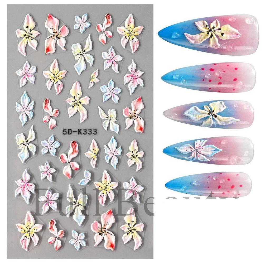 5D embosované samolepky na nehty Bílé květinové obtisky na nehty Gravírování květinových tipů na nehty