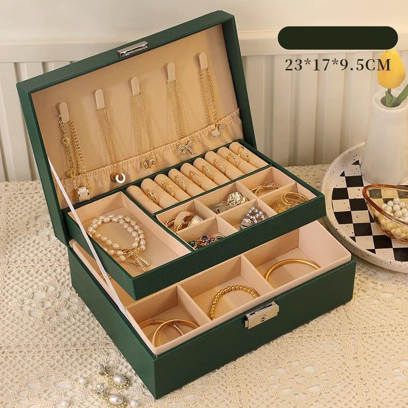 

Classic Leather Jewelry Box With Multiple Layers For Elegant Storage Of Earrings Rings And Necklaces Two Floors Green