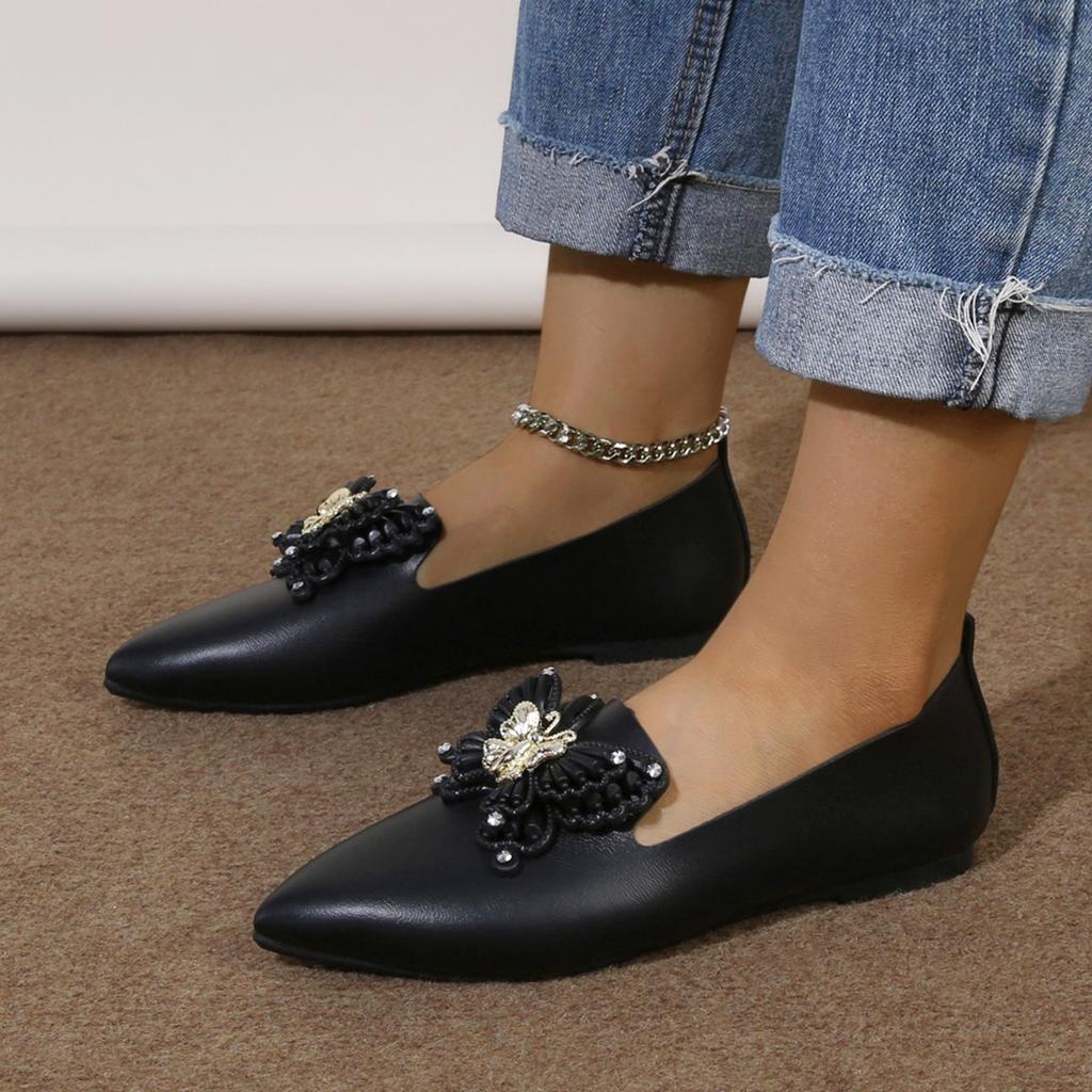 2025 New Pointed Head Butterfly Decoration Shallow Mouth Flat Bottom Versatile Shoes Woman Low Heel Comfortable Leisure Zapatos