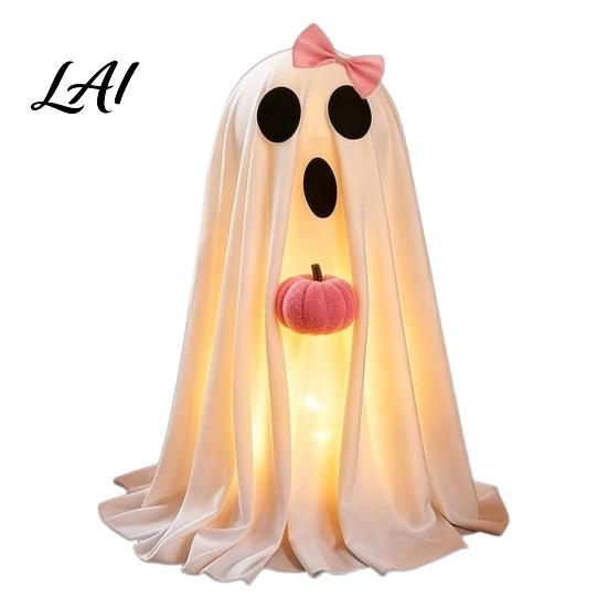 Spooky Seasonal Atmosphere Halloween Ghost Decoration Light-Up White with Pumpkin Indoor Children Party Favors Cute Standing Tabletop for