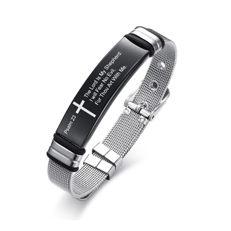 Custom Cross Men's Stainless Steel Bracelet Christian Lord's Prayer Personalized Adjustable