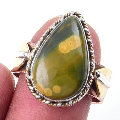 Natural Ocean Jasper Gemstone 925 Sterling Silver Jewelry Two Tone Ring S.9 v8K69