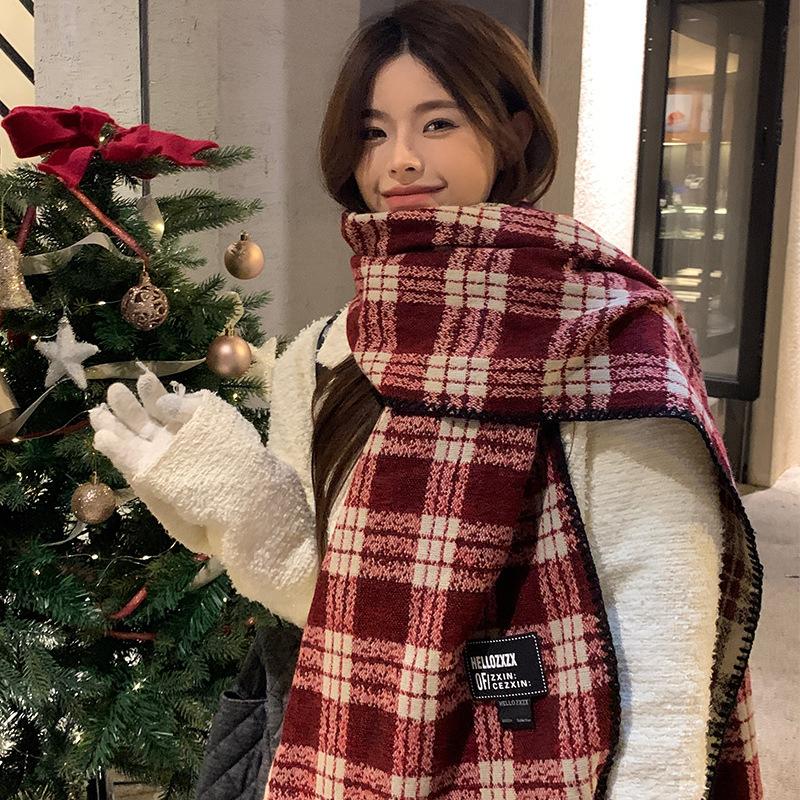 

Женский Рождественский Красный Шарф Зимняя Атмосфера Клетчатый Ретро Грелка для Шеи Теплый Высококлассный Стиль
