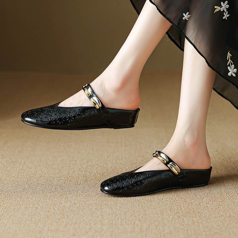 Krazing Pot Cow Skin Mules Round Toe Size 42 Low Heels Slip On Light Shoes Increased Hollow Style Autumn Pumps