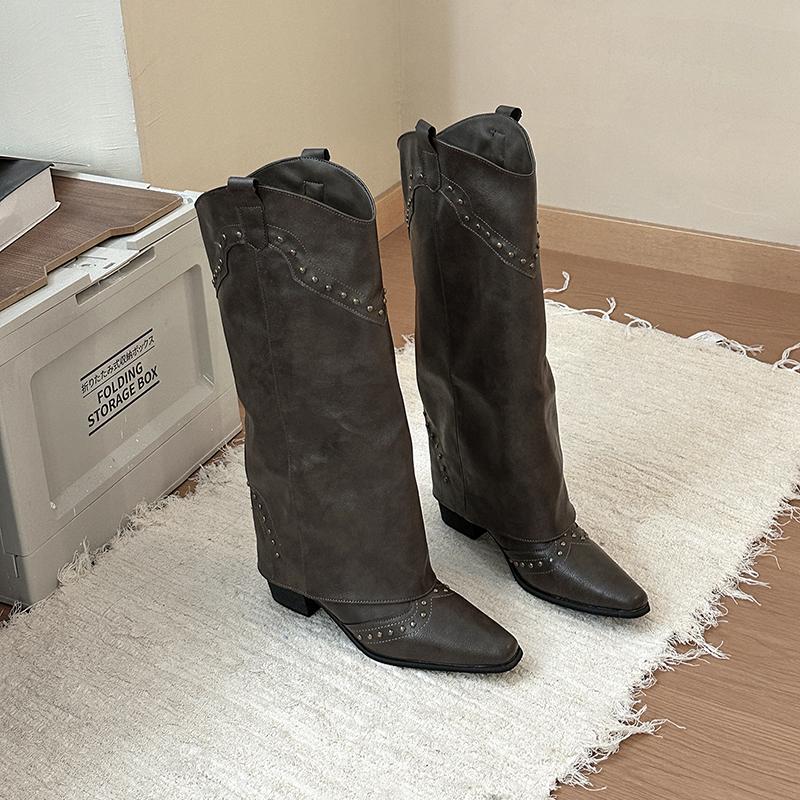 Retro Rivet Thick Heel Women Western Cowboy Fashion Slip on Knight Long Booties Autumn Winter De Mujer