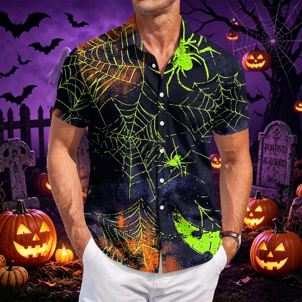 Men's Casual Short Sleeve Shirt Button Down Lightweight Breathable Fabric Halloween Bat Print Shirt for Summer Beach Party