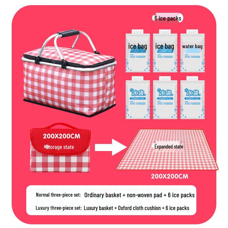 Faltbarer isolierter Picknickkorb Lunchtasche - Tragbare Sommer-Kühltasche mit Kühlakku und Aluminiumfolienisolierung