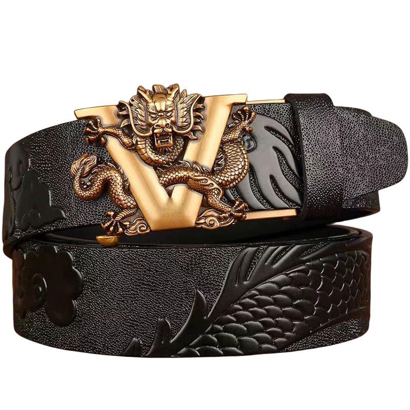 Retro Dragon Carved Pattern Automatic Buckle Leather Belt – Domineering Men's Fashion Accessory