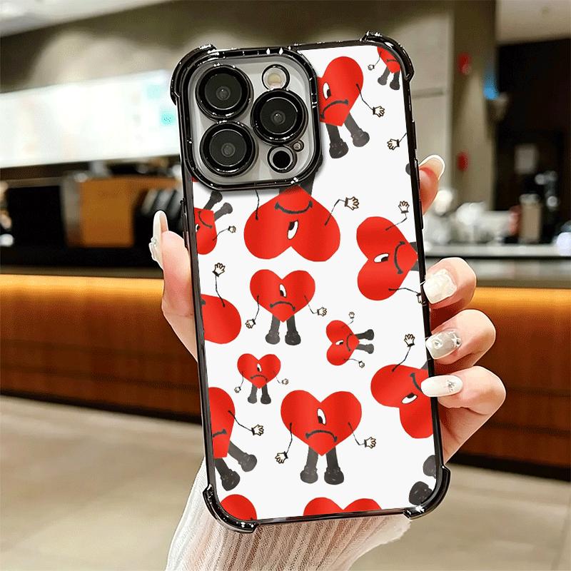 Bad Bunny Heart Plating Phone Case For Iphone 16 17 Pro Max Air 16E 14 15 Plus 12 13 Mini Anti-Fall Airabag Cover
