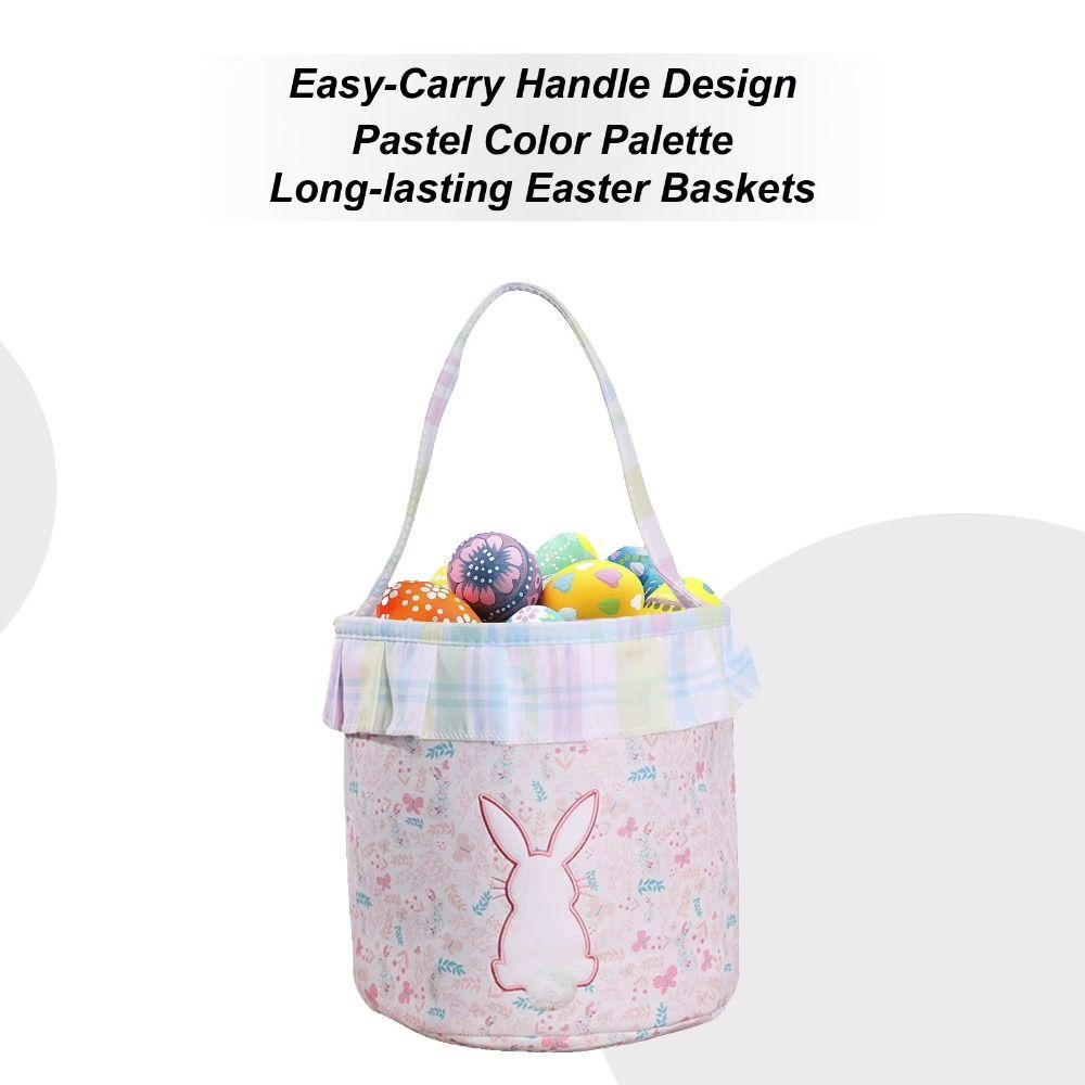 Pom-Pom Tail Easter Basket Embroidered Empty Design Bunny Bucket Personalized Chocolate Candy Easter Bucket Kids Gift
