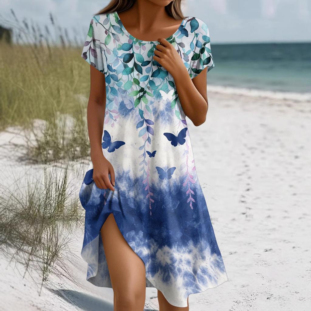 Short Sleeve Boho Dress For Women Casual Loose Fit Summer Sundress Floral Print Dress With Pockets