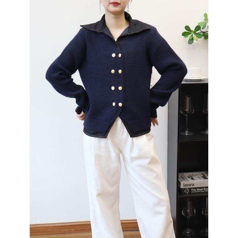 

Джинсовый кардиган с эффектом двухслойности, вязаный, осенне-зимний, новый дизайн, контрастный цвет, лацканы, свитер-жакет женский One size темно-синий