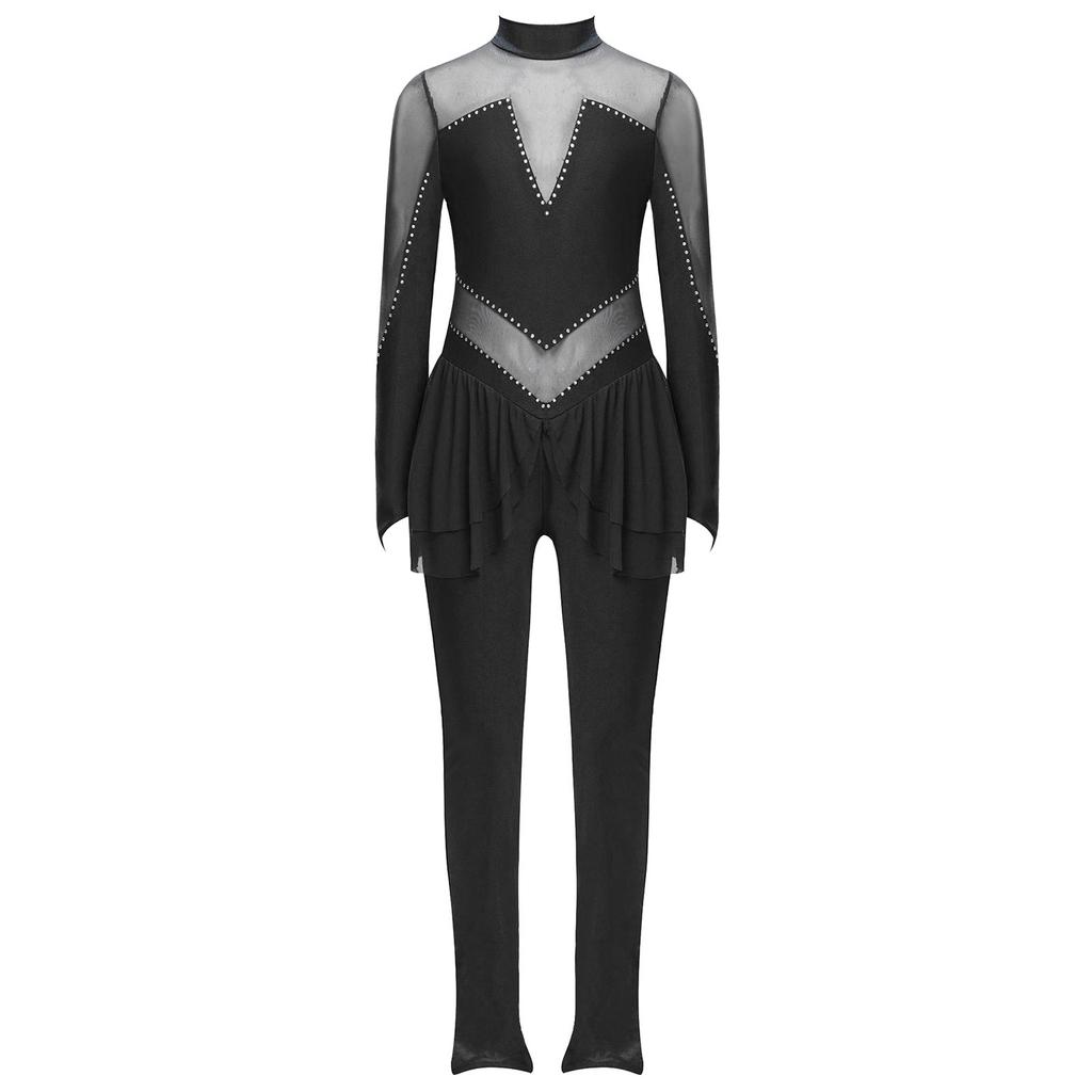 Mädchen Eiskunstlauf Performance Jumpsuit Stehkragen Langarm Transparenter Mesh Patchwork Glänzende Strasssteine Ganzkörperanzug