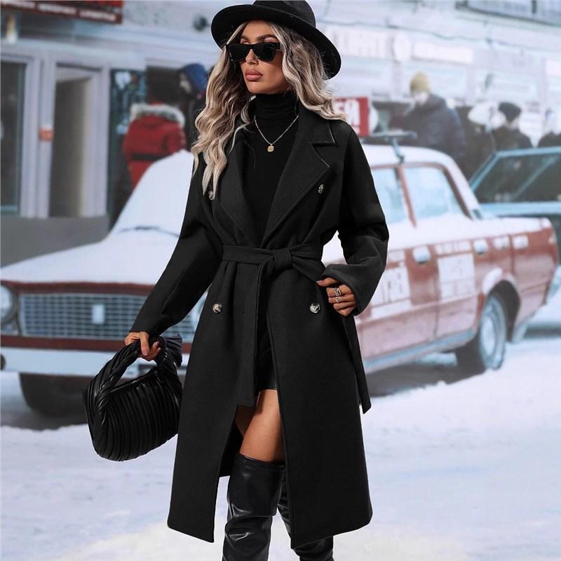 2026 Autumn/Winter European & American Long-Sleeve Trench Coat with Front Pocket