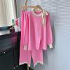 Autumn and Winter Fashion Round Neck Tie Lantern Sleeve Knitted Suit Women High Waist Casual Pants Suit