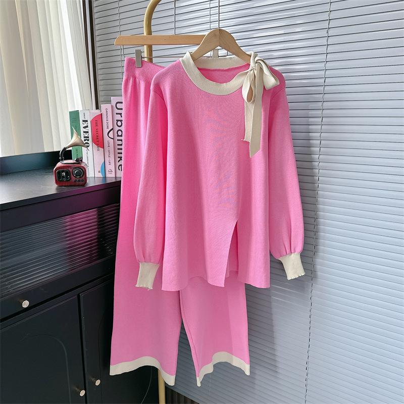 Autumn and Winter Fashion Round Neck Tie Lantern Sleeve Knitted Suit Women High Waist Casual Pants Suit