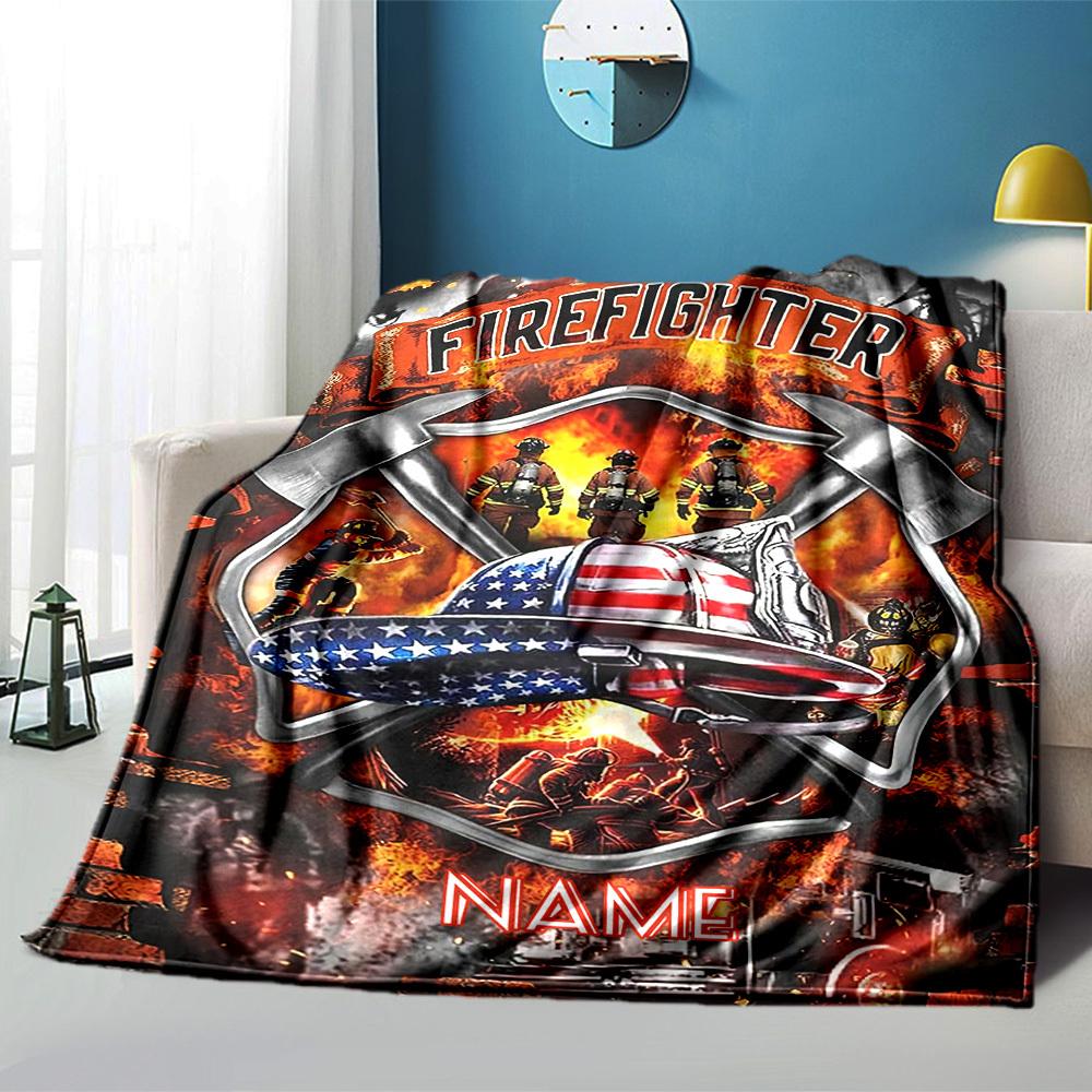 Firefighter Hero Bravery And Patriotism Multipurpose Customizable Blanket Customize Your Name Soft Warm Cozy Suitable For Sofa Couch Office Bed