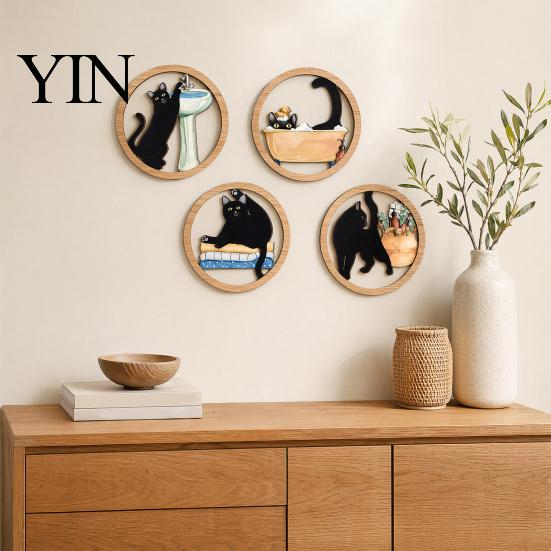 Rounded Corner Wood Art 4 Pcs Minimalist Black Cat Wall Art, Geometric Round Circle Wooden Non-toxic Coating Decor, Abstract Hanging Sign for