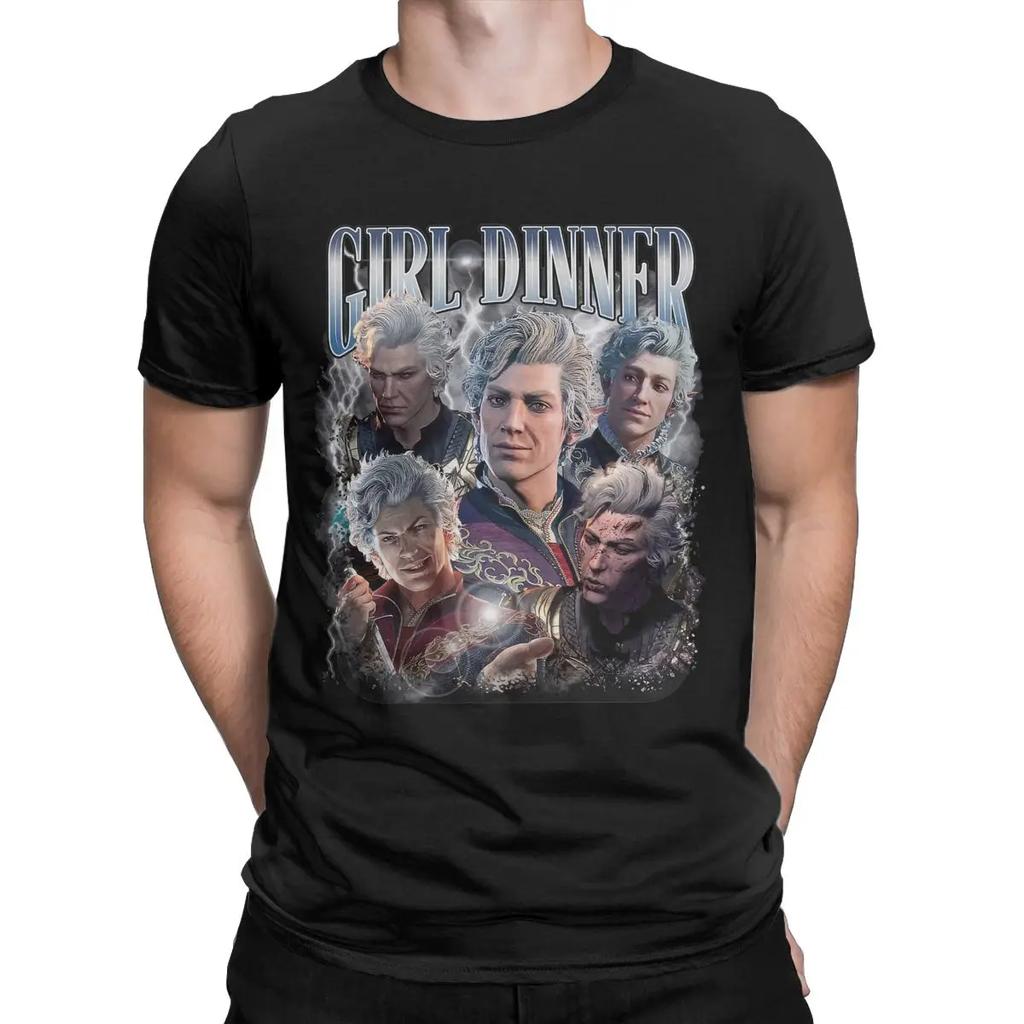 Girl Dinner Astarion Baldurs Gate 3 T-Shirt for Men Vintage Cotton Tee Shirt Crew Neck Short Sleeve T Shirts Adult Clothes