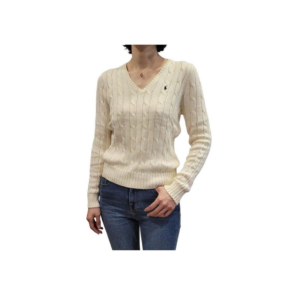 Polo Ralph Lauren SS23 Logo Embroidered V-Neck Solid Color Pullover Slim Knit Sweater Women sweater Off-White WMPOSWENC020658-101