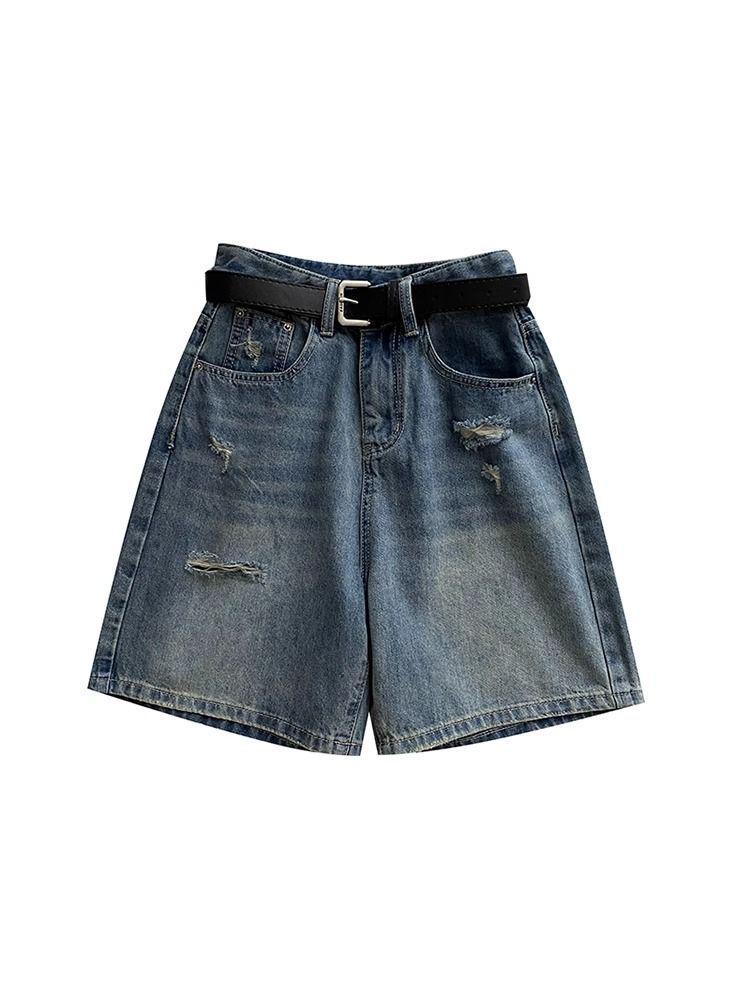 Plus Size High-Waisted Ripped Denim Shorts for Women - Summer Loose Slimming Wide-Leg Style
