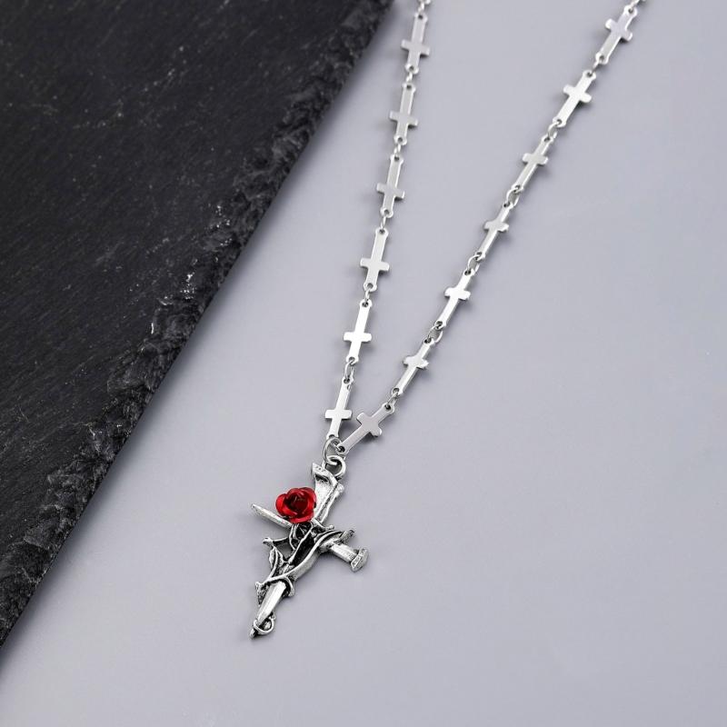 Alloy Rose Crucifix Pendant Necklace For Everyday Wear Religious Symbol Jewelry Gift With Adjustable Chain Design