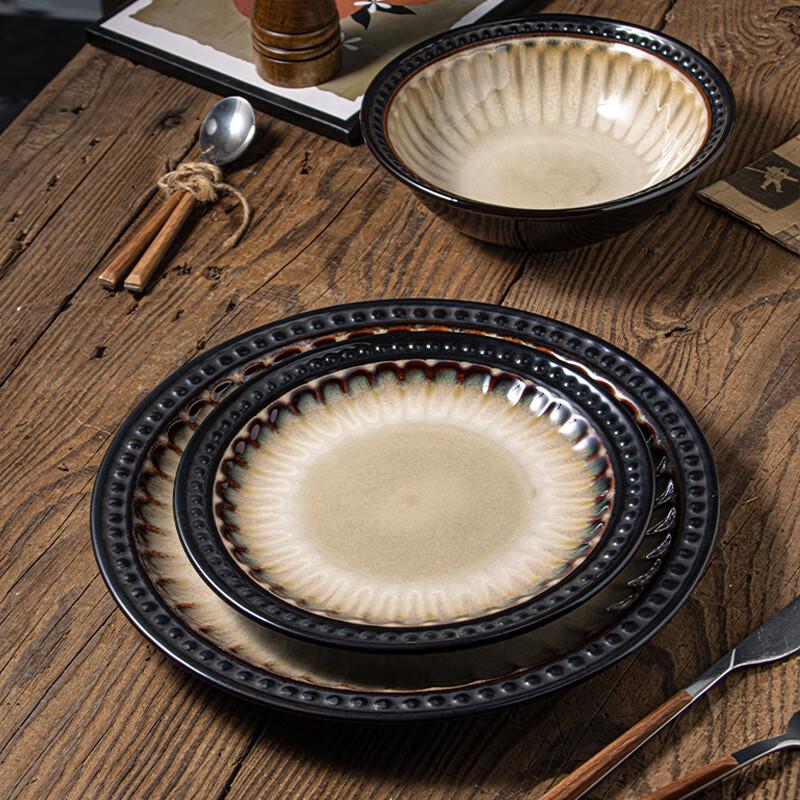 American Retro Embossed Ceramic Dinner Plate & Salad Bowl